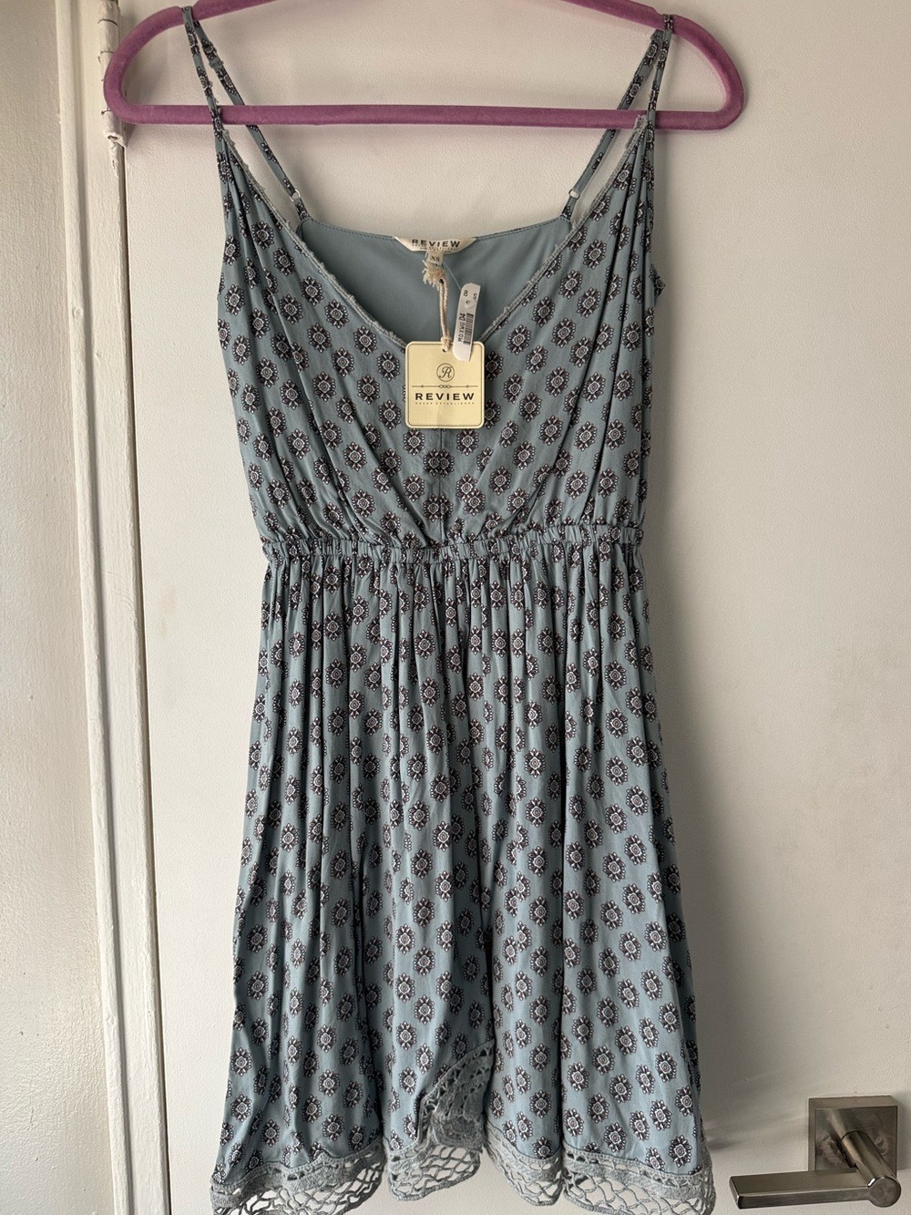 Review Floral Print Sundress Pastel Blue XS $79 Crochet Trim Cottage Core NWT